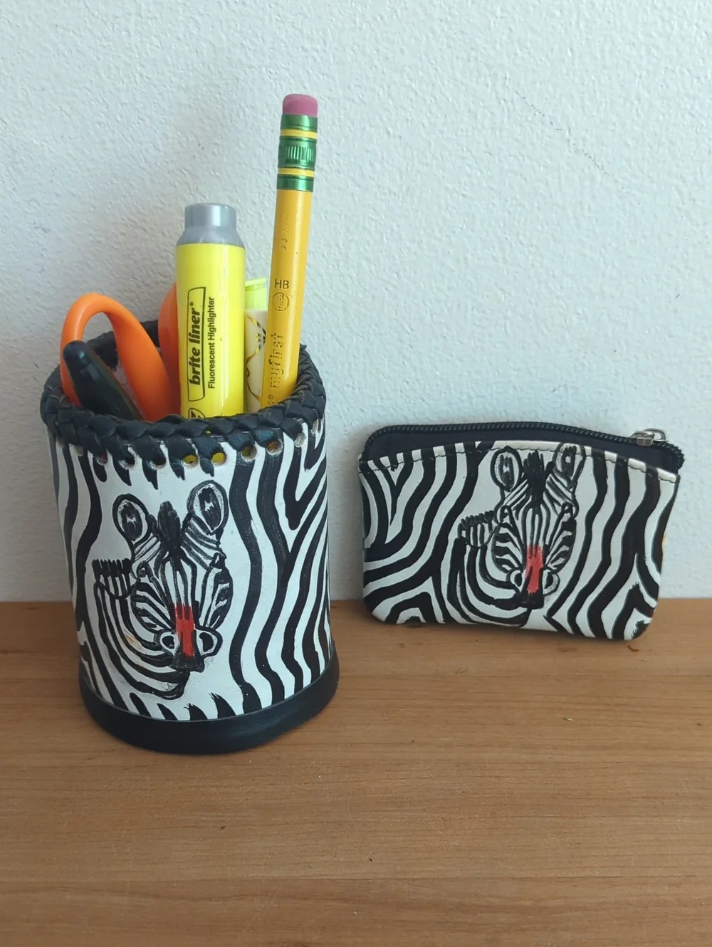 Zebra Print Pencil Cup & Coin Pouch Set - Black & White